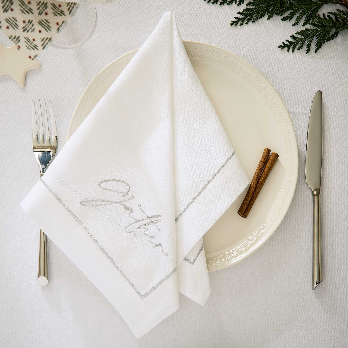 Gather Embroidered Napkins, White/Silver  - Set of 4