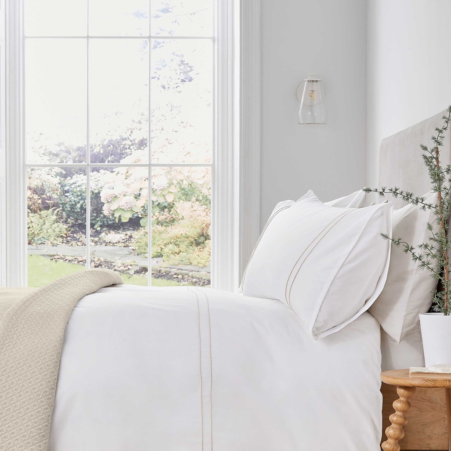 White Murmur Bedding with Ivory Pinstripe