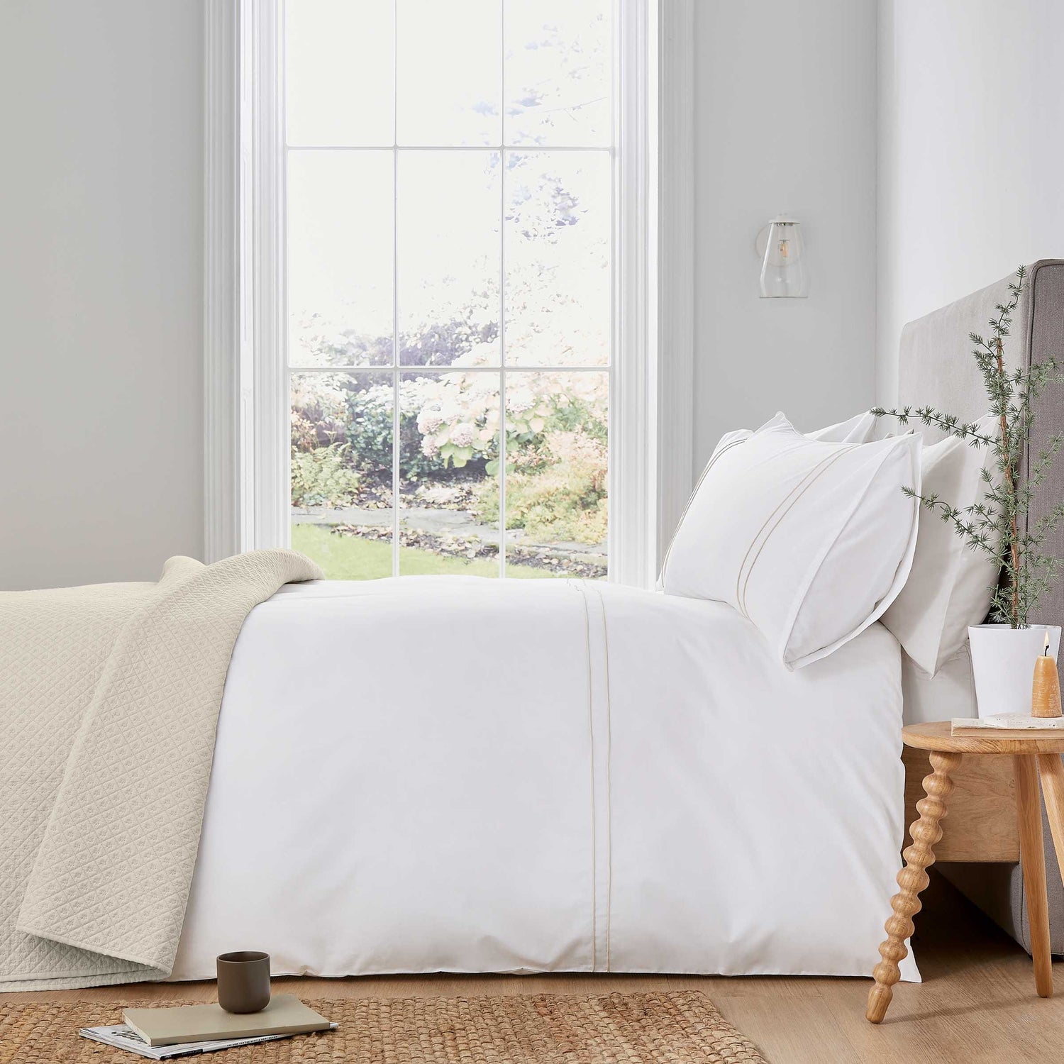 White Murmur Bedding with Ivory Pinstripe