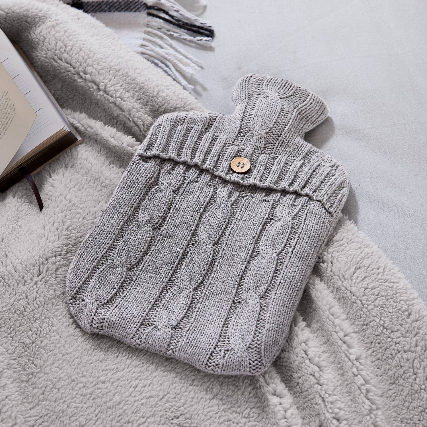 Cable Knit Hot Water Bottle & Cover Cloud Grey